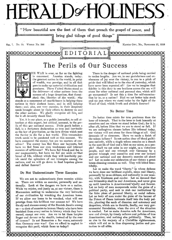 Title Page of Herald of Holiness - November 27, 1918
