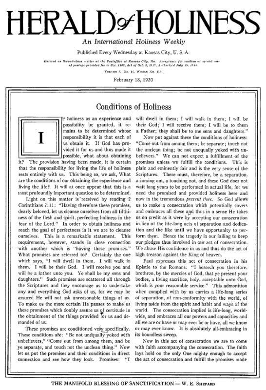 Title Page of Herald of Holiness - February 18, 1920