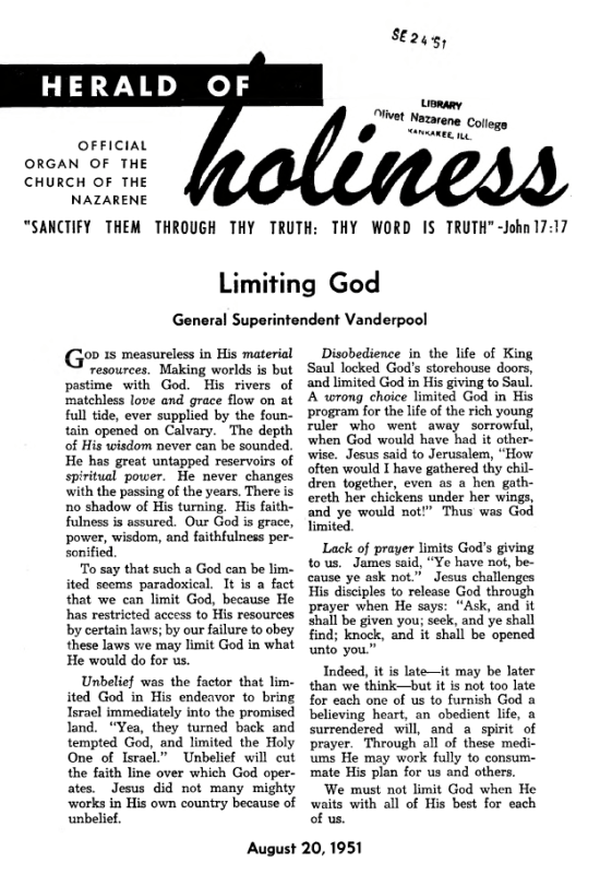 Title Page of Herald of Holiness - August 20, 1951