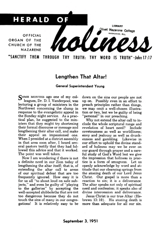 Title Page of Herald of Holiness - September 3, 1951