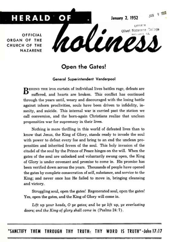 Title Page of Herald of Holiness - January 2, 1952