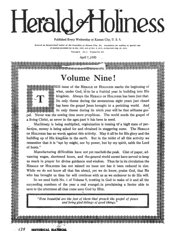 Title Page of Herald of Holiness - April 7, 1920