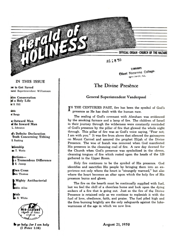 Cover page of Herald of Holiness - August 21, 1950