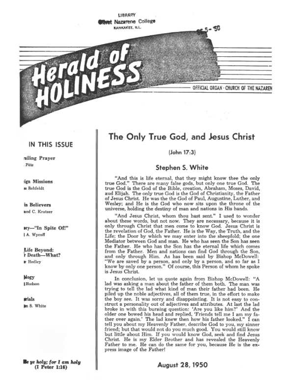 Cover page of Herald of Holiness - August 28, 1950