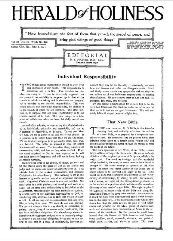 Title Page of Herald of Holiness - June 8, 1921