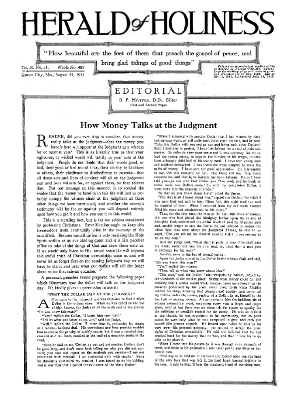 Title Page of Herald of Holiness - August 24, 1921