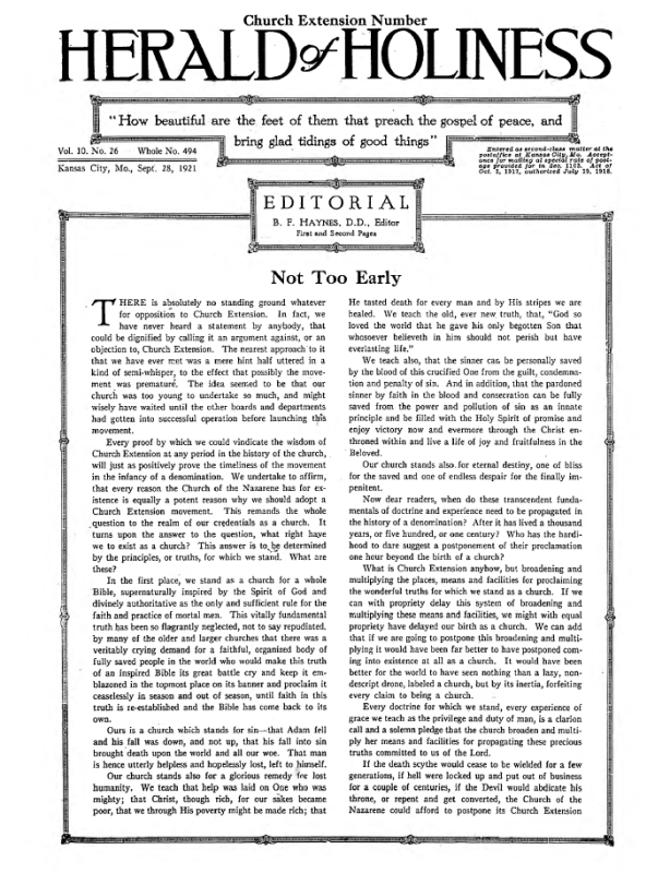 Front page of Herald of Holiness - September 28, 1921