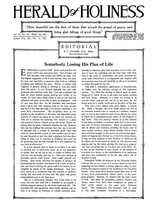 Front page of Herald of Holiness - October 12, 1921