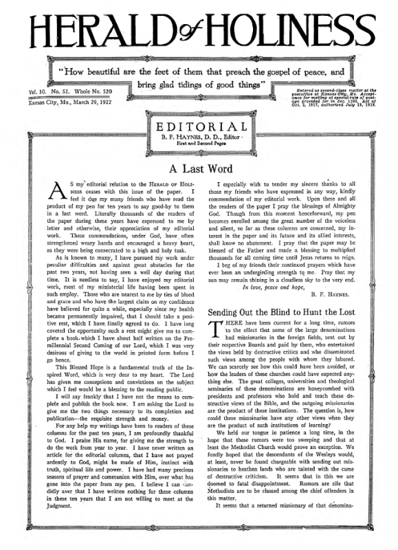 Front page of Herald of Holiness - March 29, 1922