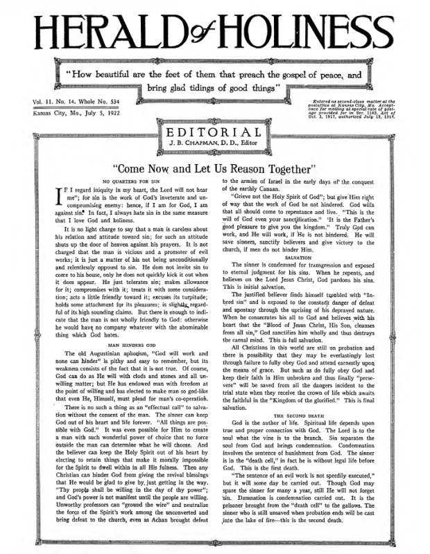 Front page of Herald of Holiness - July 5, 1922