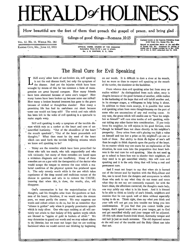 Front page of Herald of Holiness - June 13, 1923