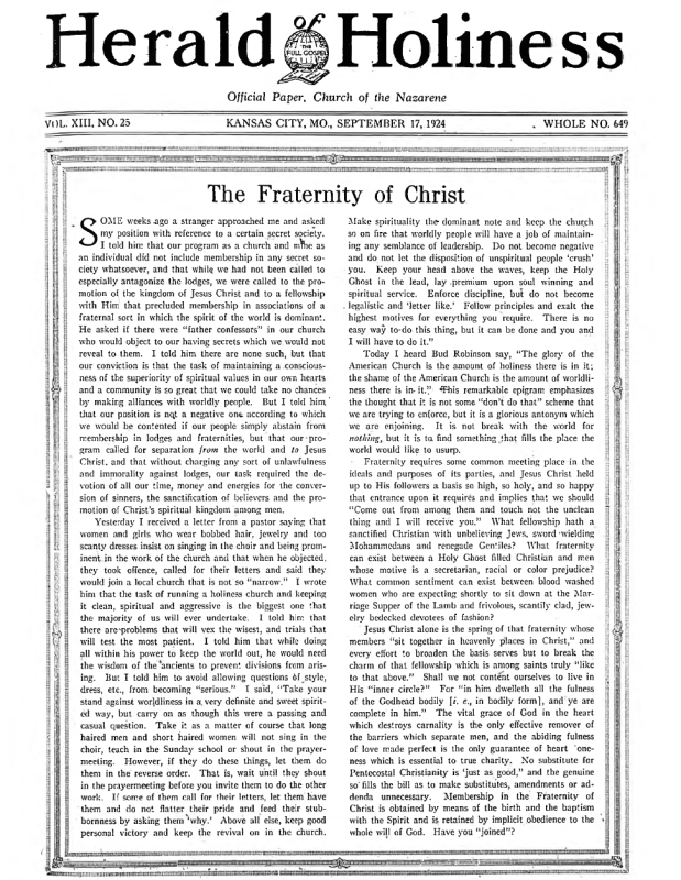 Front page of Herald of Holiness - September 17, 1924