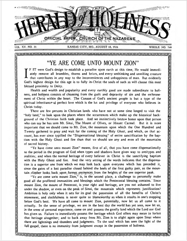 Front page of Herald of Holiness - August 18, 1926