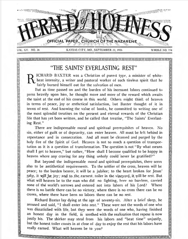 Front page of Herald of Holiness - September 22, 1926