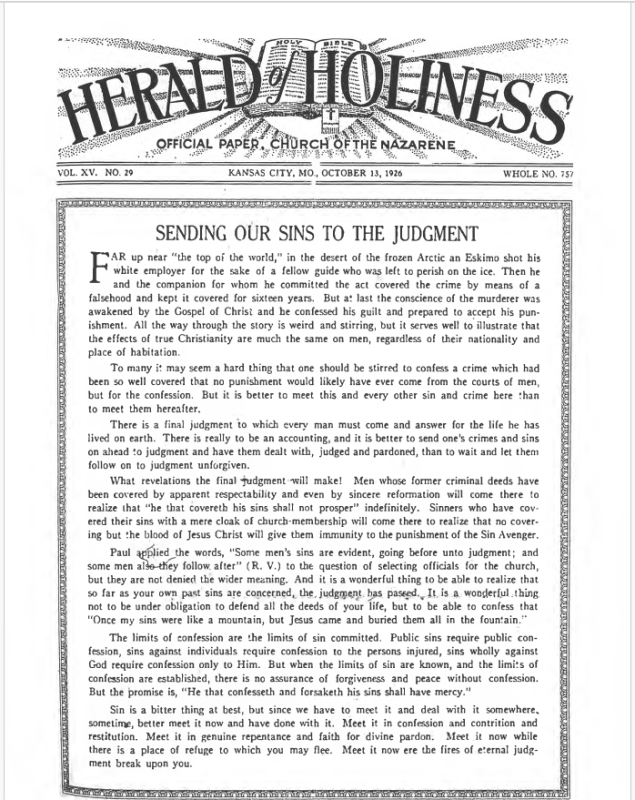 Front page of Herald of Holiness - October 13, 1926
