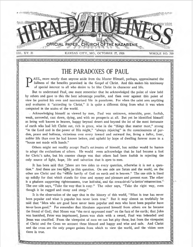 Front page of Herald of Holiness - October 27, 1926