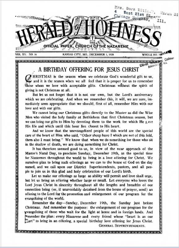 Front page of Herald of Holiness - December 1, 1926