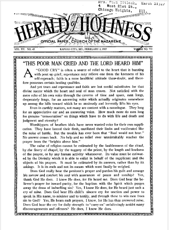 Front page of Herald of Holiness - February 2, 1927
