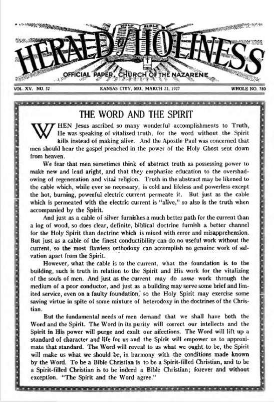 Front page of Herald of Holiness - March 23, 1927