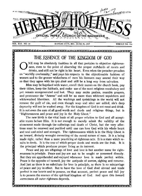 Front page of Herald of Holiness - June 29, 1927