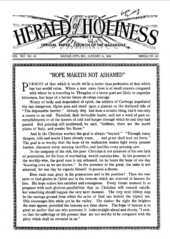 Front page of Herald of Holiness - January 11, 1928