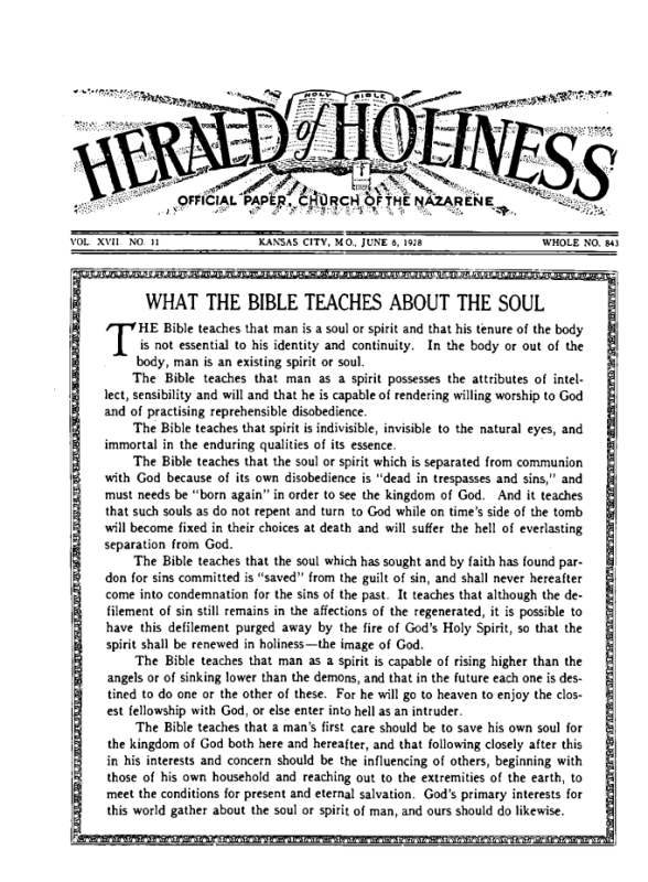 Front page of Herald of Holiness - June 6, 1928