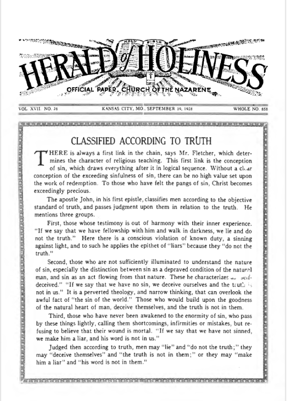 Front page of Herald of Holiness - September 19, 1928
