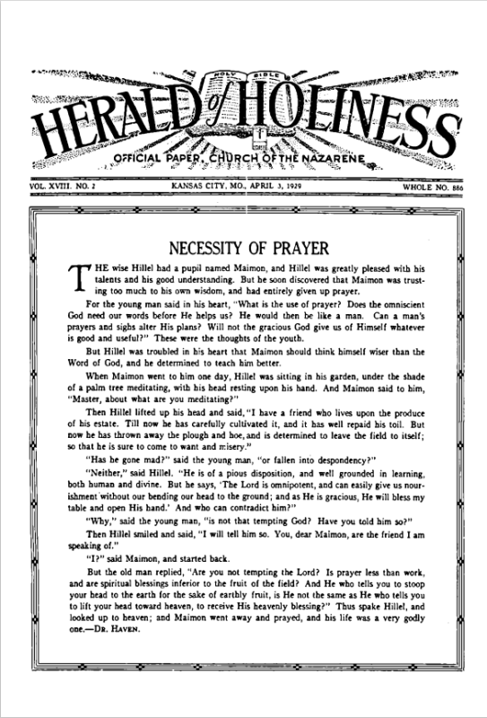 Front page of Herald of Holiness - April 3, 1929