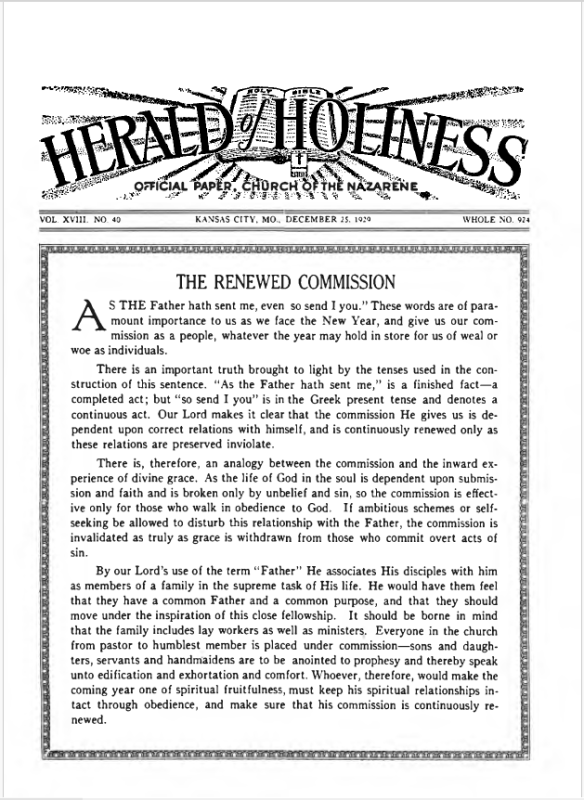 Front page of Herald of Holiness - December 25, 1929
